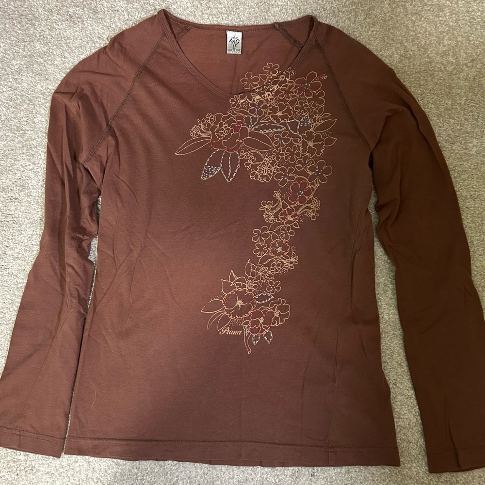 Prana Brown Gold Graphic Long Sleeve Tee